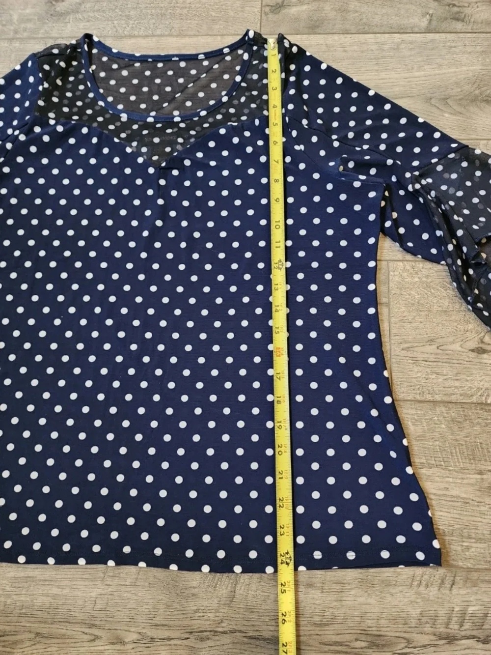 Susan Lawrence Womens Navy Blouse White Polka Dot Flare 3/4 Sleeve Size XL Sheer